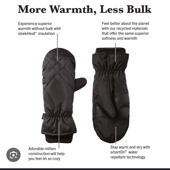 NWT Isotoner Sleek Heat Black‎ Mittens with SmartDri & Touchscreen Technology - Picture 2 of 5